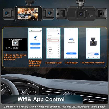 Dashcam 4 Channels WiFi Car DVR Dashboard Cameras for Car Way Back Box Parking Mode 24H Front and Rear Interior 360 Dash Cam