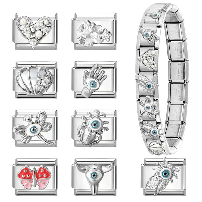Wholeasle Shiny Zircon Shell Love Heart Devil Eyes Italian Charm Links Fit 9mm Stainless Steel Bracelet Women Jewelry DIY Making