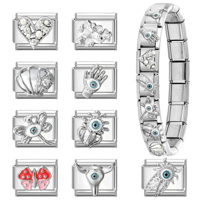 Wholeasle Shiny Zircon Shell Love Heart Devil Eyes Italian Charm Links Fit 9mm Stainless Steel Bracelet Women Jewelry DIY Making