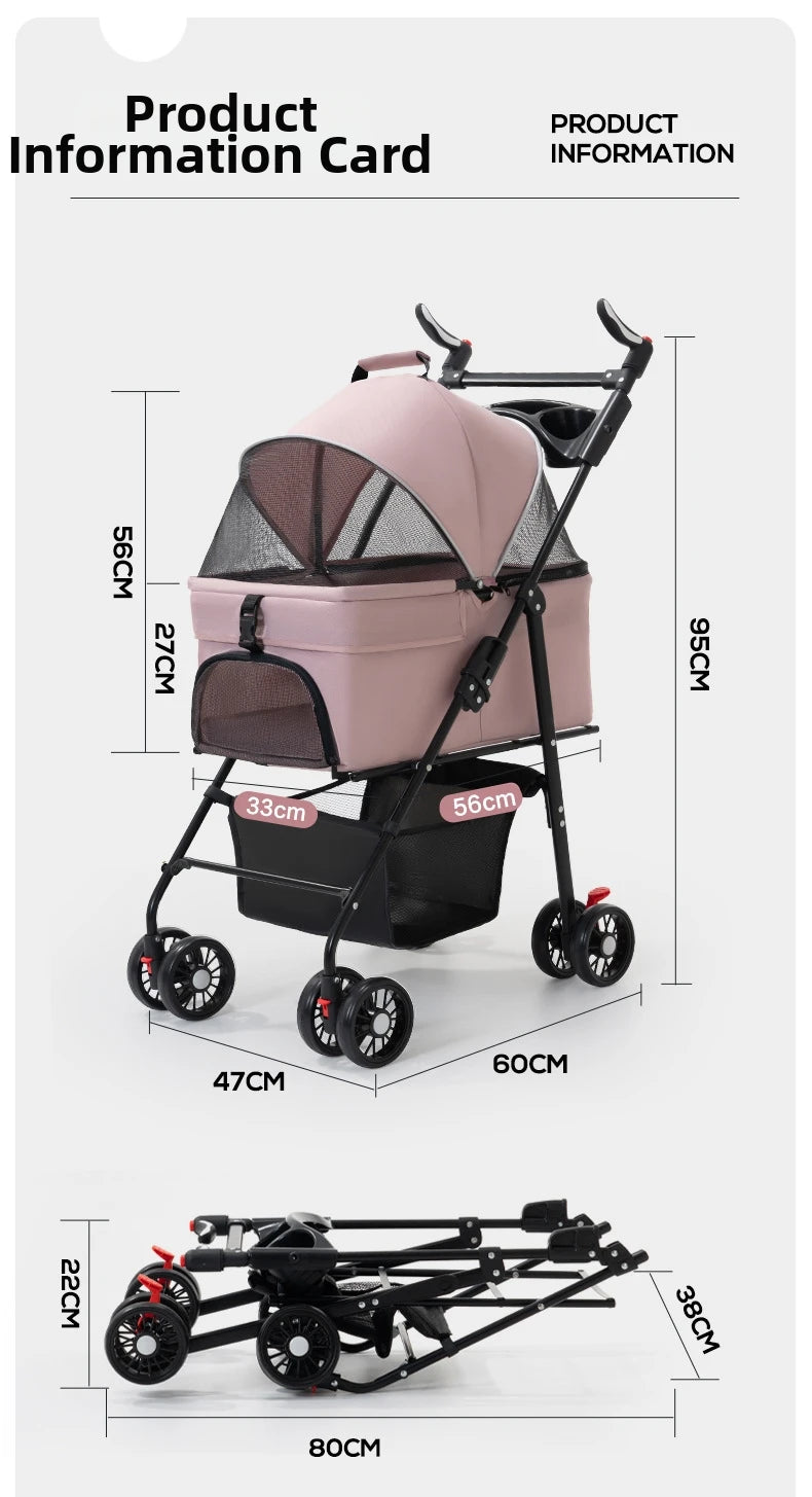 Pet Transport Stroller Dog Cat Portable Foldable Lightweight Detachable 4-Wheel Oxford Mesh Small Medium Push Cart