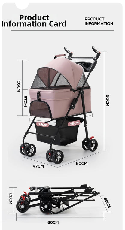 Pet Transport Stroller Dog Cat Portable Foldable Lightweight Detachable 4-Wheel Oxford Mesh Small Medium Push Cart