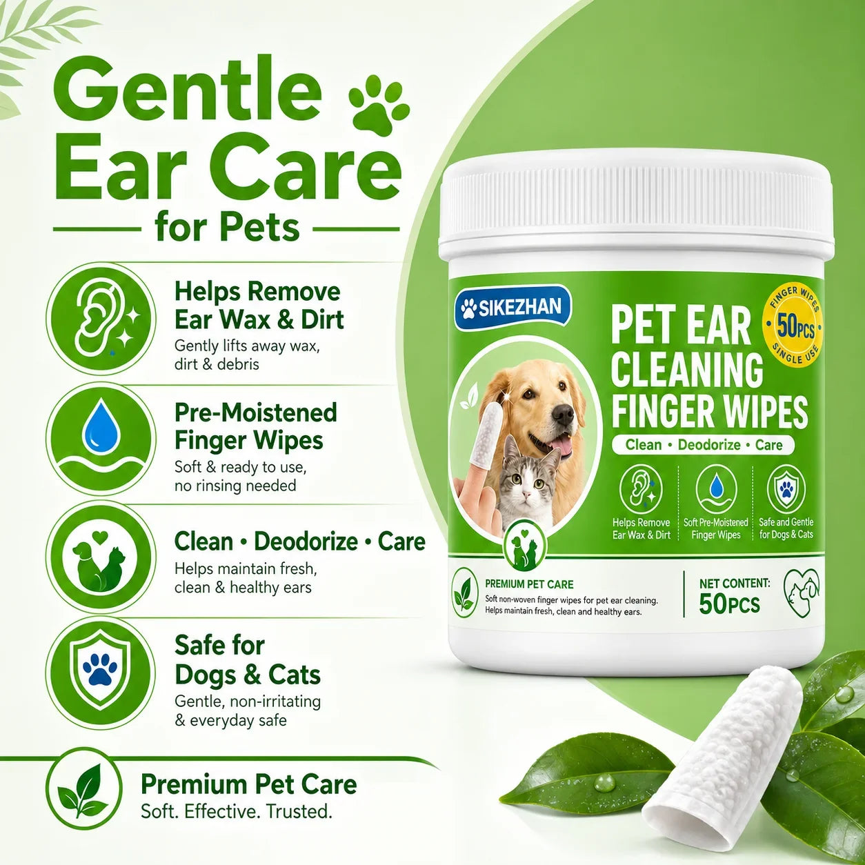 SIKEZHAN 50 Count Pet Ear Cleaning Finger Wipes, Safe Gentle Soft Pre-Moistened Wiping Sleeves for Dogs Cats Wax Dirt Remover