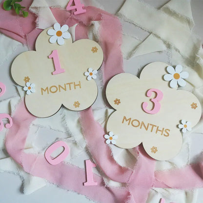Wooden Flower Milestone Card Set, Wooden Milestone Birth Signs, Photography Milestone Cards, Growth Cards from 1 Month to 1 Year, Pregnancy Journey Milestone Photo Props, Christmas, New Year Gifts