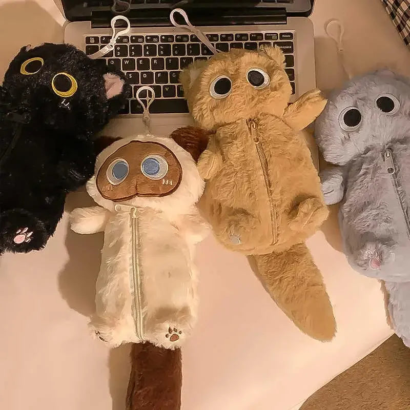 Cartoon Plush Big-Eyed Cat Pencil Case Super Soft Fun Doll Large Capacity Pencil Bags Multi-Functional Stationery Storage Bag