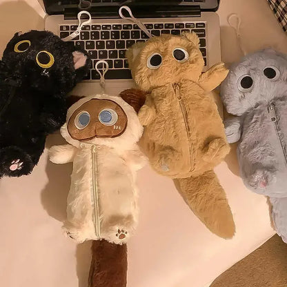 Cartoon Plush Big-Eyed Cat Pencil Case Super Soft Fun Doll Large Capacity Pencil Bags Multi-Functional Stationery Storage Bag