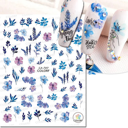 3d Nail Art Decals Watercolor Florals Purple Green Pink Flowers Leafs Fruit Adhesive Sliders Nail Stickers For Manicure