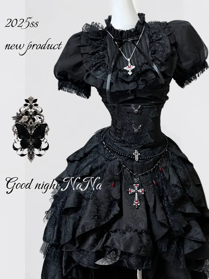 Gothic Dark Black Vintage Lace Blouse Retro Punk Light Lolita Short Sleeves Lace-up Slim Top and Multi Layers Skirt Set 2pcs Set