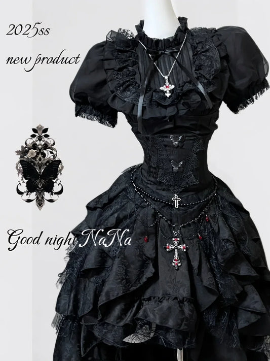 Gothic Dark Black Vintage Lace Blouse Retro Punk Light Lolita Short Sleeves Lace-up Slim Top and Multi Layers Skirt Set 2pcs Set