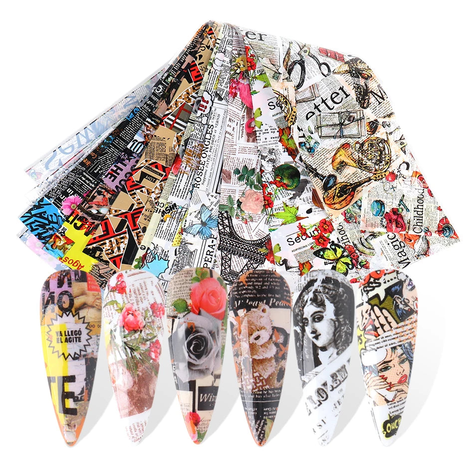 10PCS Mixed Nail Art Foils Transfer Sticker Set Rose Flower Designs Floral Starry Sky Nail Wraps Wedding Summer Manicure Decor