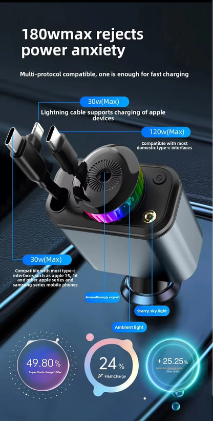120W 5-in-1 Car Fast Charger Retractable Cable PD 30W Digital Voltmeter Star Light Car Charging Adapter For IOS Android