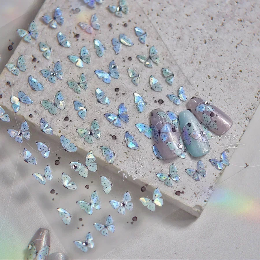 Shiny Jelly Butterfly Charming Golden Gradient Bowknot 5D Self Adhesive Nail Art Sticker Flower Petal Rhinestone Manicure Decals