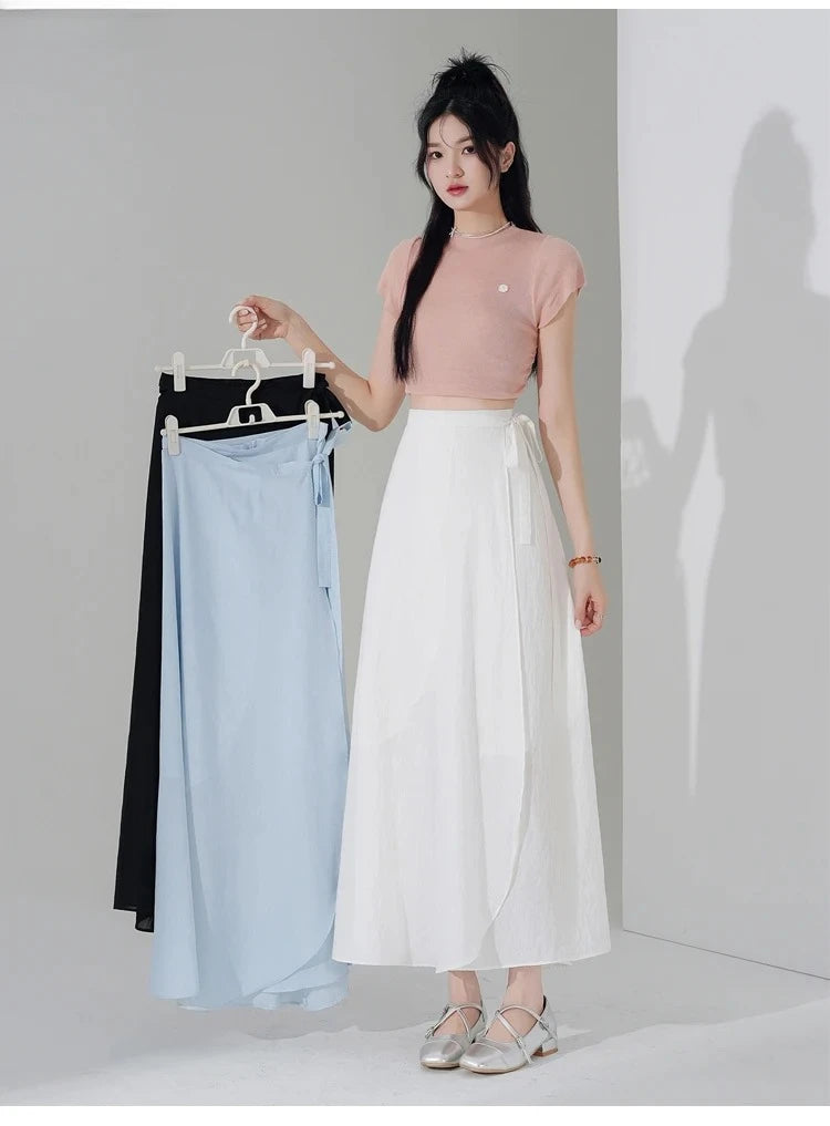 Chic Korea Clothes Summer Women Cute Sweet GIrls Solid Robe Holiday Date High Waist Retro Vintage Wrap One-Piece Lace-Up Skirts