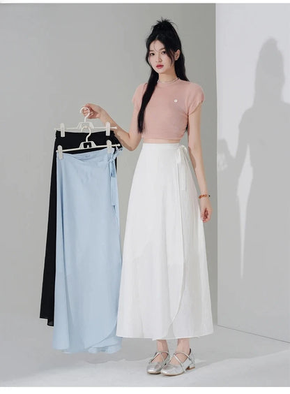 Chic Korea Clothes Summer Women Cute Sweet GIrls Solid Robe Holiday Date High Waist Retro Vintage Wrap One-Piece Lace-Up Skirts