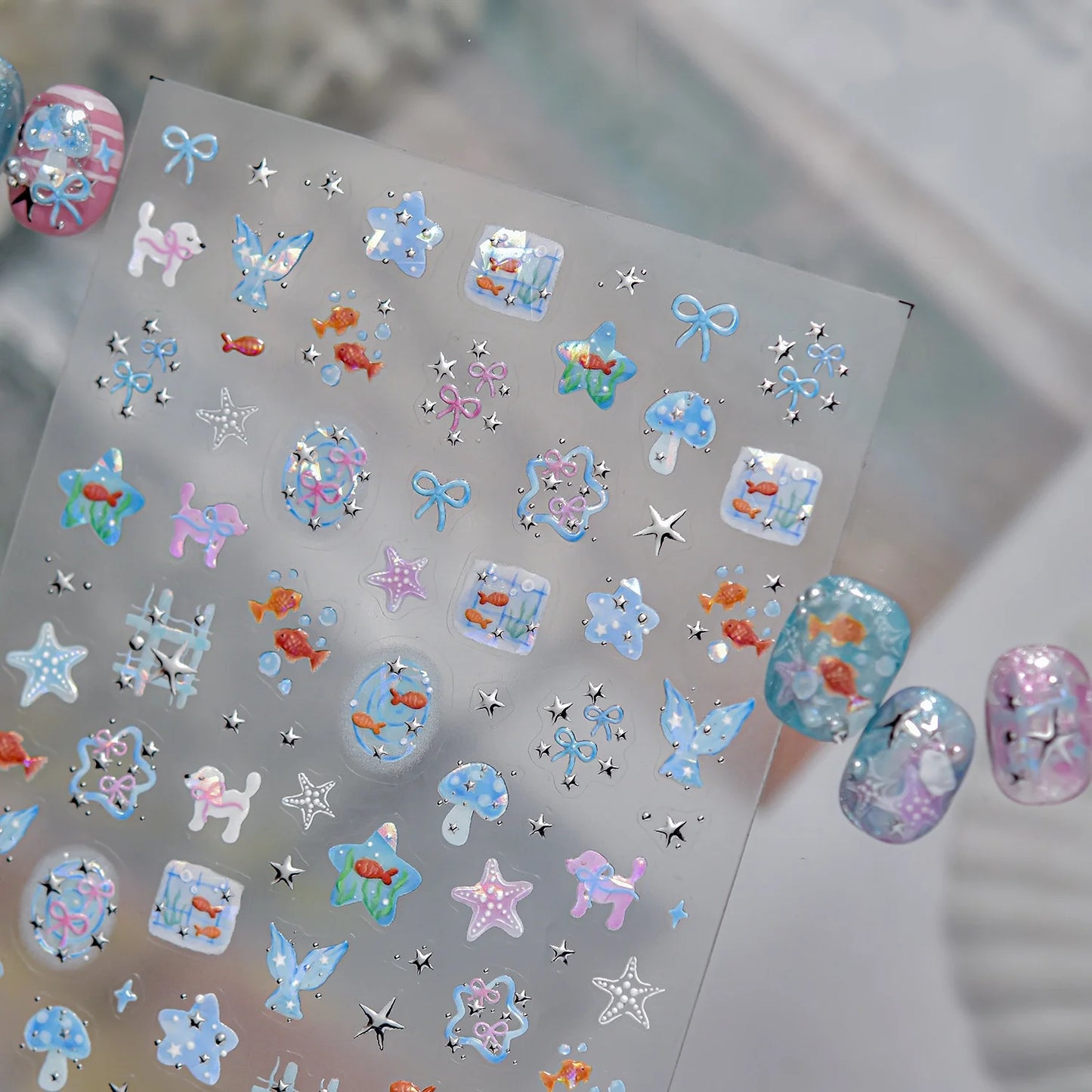 5D Starfish Fish Tail Small Fish Blue Bow Shell Silver Glitter Star Nail Art Stickers Ocean Fantasy Summer Nail Decals Manicure