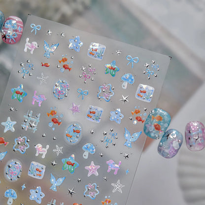 5D Starfish Fish Tail Small Fish Blue Bow Shell Silver Glitter Star Nail Art Stickers Ocean Fantasy Summer Nail Decals Manicure
