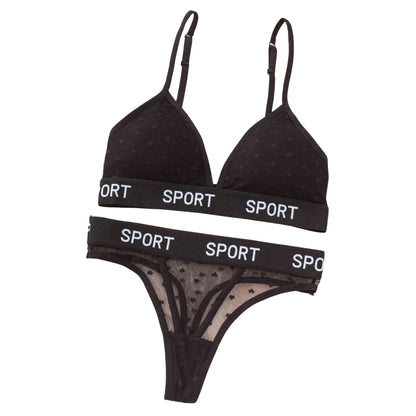 Women Lace Bra And Panties Set Sheer Polka Dot Sexy Lingerie Non-wire Bralette Low Rise Thong Letter Band Mesh Underwear Set
