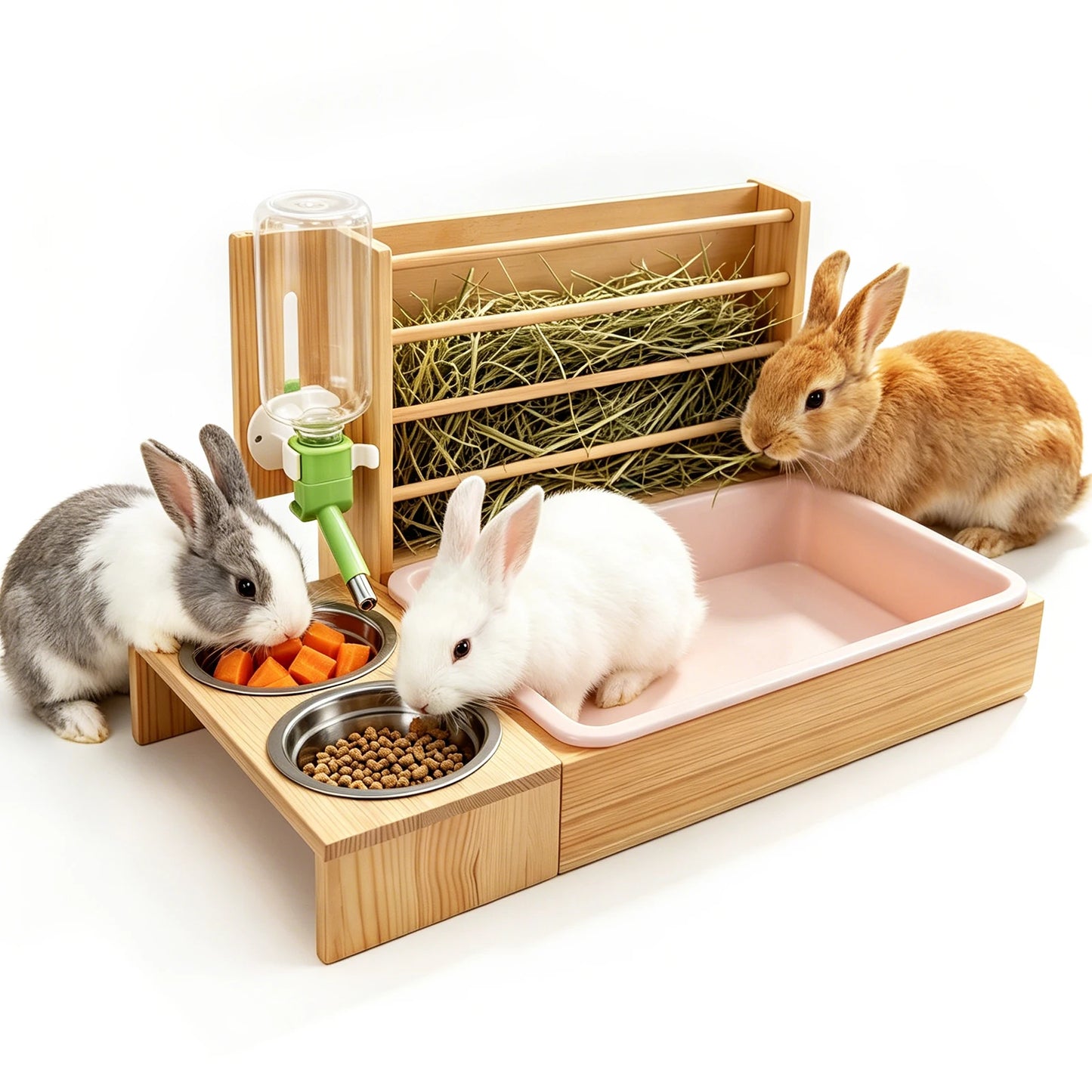 4-in-1 Hay Grater For Rabbits, Feeding Station Removable Hay Distributor For Guinea Pigs With Litter Tray, 2 Trays And Bottle Wood Feeder For Small Animals
