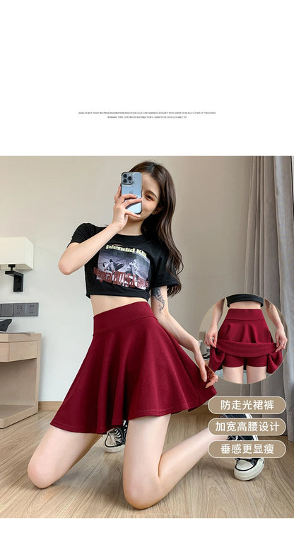 Summer Basic Skirts Women Shorts Mini Elastic Pleated Skirts High Waist Bubble Sun Skirts School Girl Uniform Lined Safety Pants