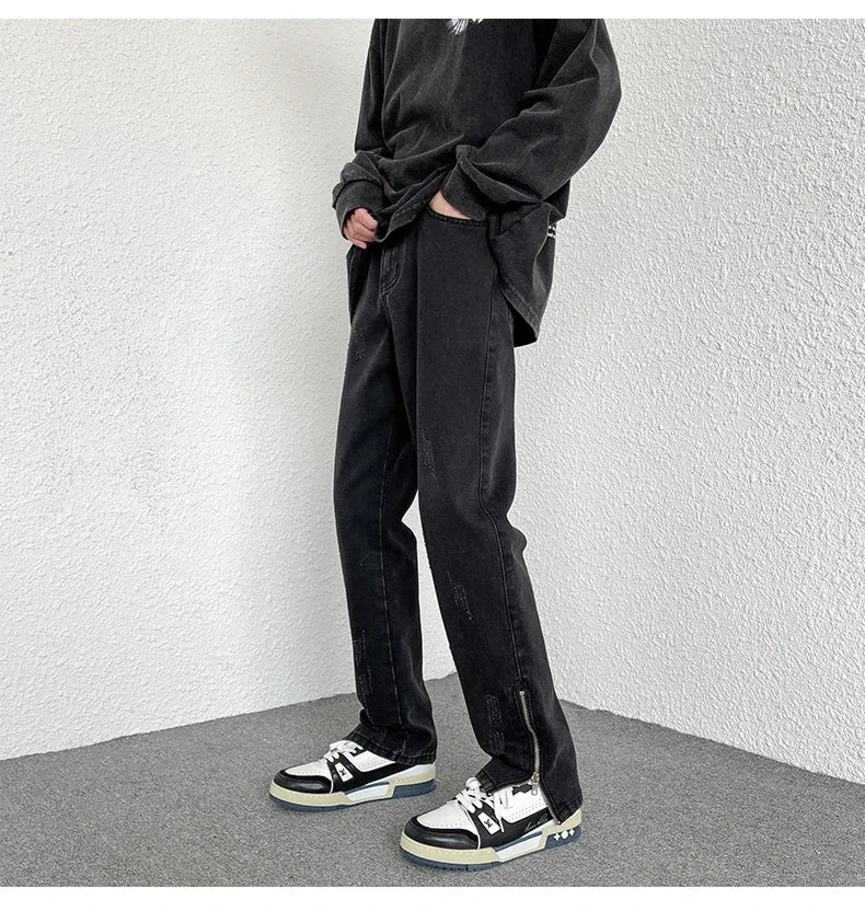 2024 Spring Autumn Korean Men Fashionable Retro Street Jeans Zip Design on Trouser Legs Straight-leg Denim Pants Men's Clothing