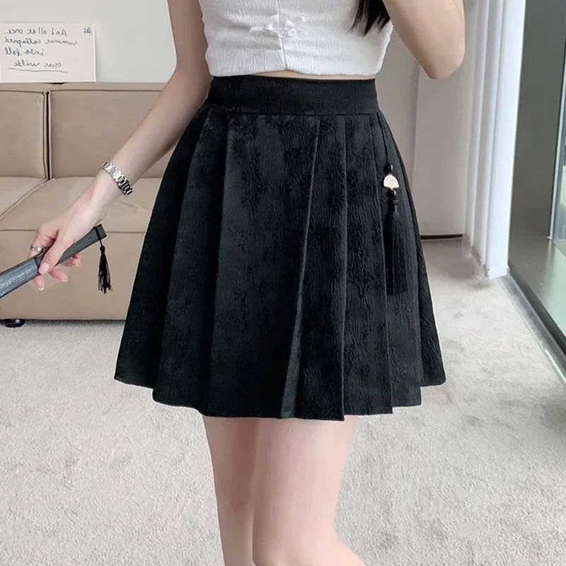 2025 Summer Female Plus Size Elastic Waist Skirts Women High Waisted Pleated Short Dress Lady Chic Designer Solid Printed Skirts