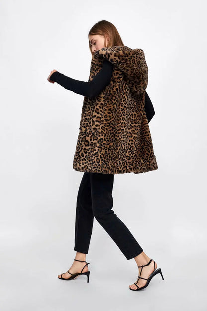Leopard Hooded Faux Fur Vest Women 2022 New Designed Body Warmer Ladies Luxury Winter Furry Artificial Rabbit Coats Outwear 5XL