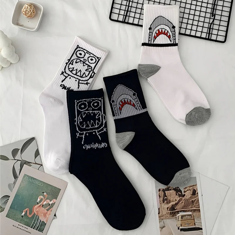 Spring Summer High Quality Harajuku Chaussette Style Shark Socks For Women Men's Cotton Hip Hop Man Meias Mens Calcetines