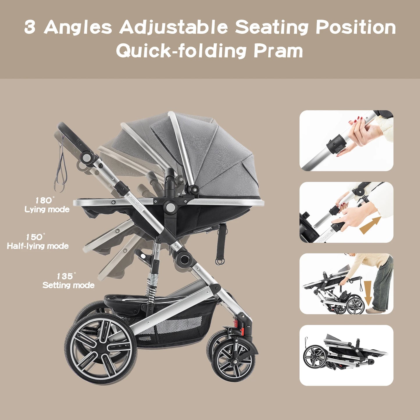 Baby Stroller 3 in 1 Luxurious Portable Travel Baby Carriage Fold Pram High Landscape Aluminum Frame Newborn Infant Stroller