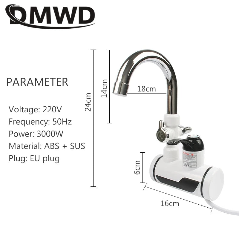 DMWD Electric Instant Hot Water Faucet Stainless Steel Water heater with LED Temperature Display Tankless Tap For Kitchen shower