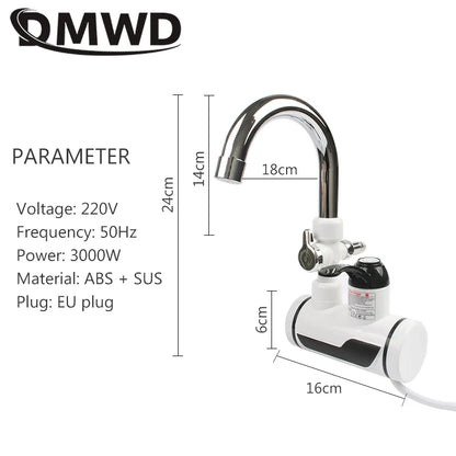 DMWD Electric Instant Hot Water Faucet Stainless Steel Water heater with LED Temperature Display Tankless Tap For Kitchen shower