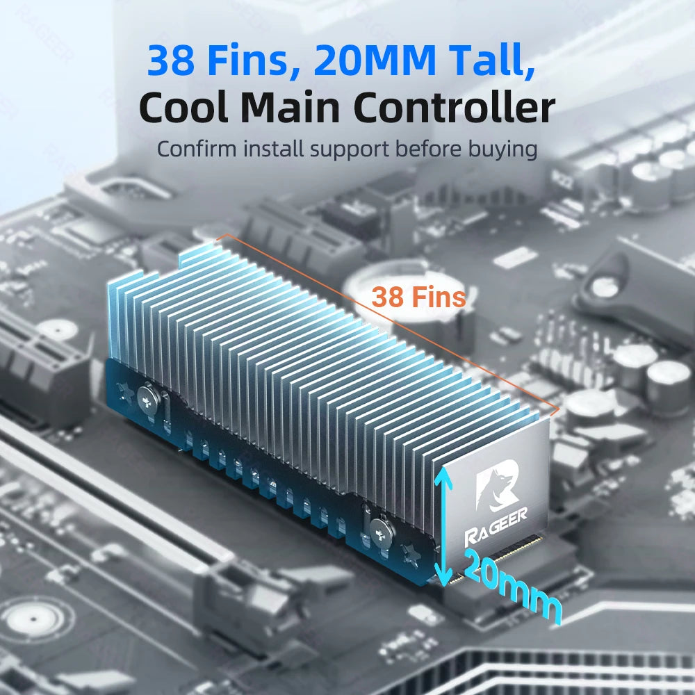 RAGEER M.2 SSD Cooler, Heavy Duty Aluminum Convection Heat Sink, NVME NGFF Cooler, Passive Heat Sink with 38 Fins - FrostBlade 1