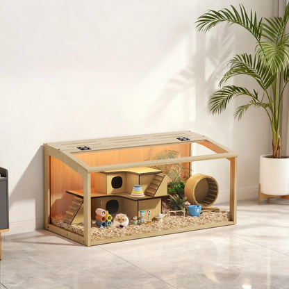 Large Wooden Hamster Cage Clear Tempered Glass Pet Small Animal Habitat Cage Playful Hutch House