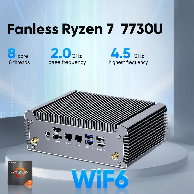 Topton Fanless Gaming Mini PC AMD Ryzen 7 7730U R9 4950U 5625U 4500U Office PC Dual LAN 2*HDMI NVMe DDR4 Firewall Computer WiFi6