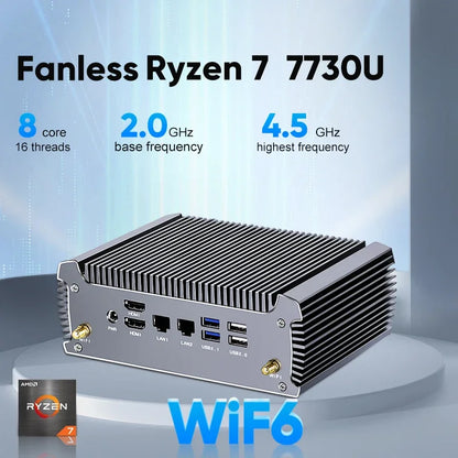 Topton Fanless Gaming Mini PC AMD Ryzen 7 7730U R9 4950U 5625U 4500U Office PC Dual LAN 2*HDMI NVMe DDR4 Firewall Computer WiFi6