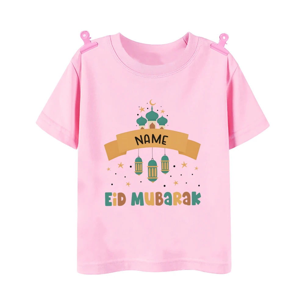 Personalized Eid Mubarak Printed Kids Shirts Custom Name Eid Ramadan Child T-shirt Tops Islamic Muslim Holiday Boys Girls Outfit