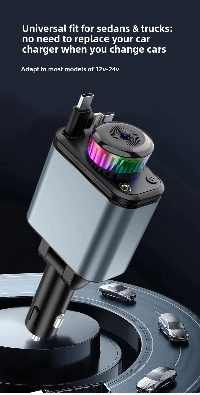 120W 5-in-1 Car Fast Charger Retractable Cable PD 30W Digital Voltmeter Star Light Car Charging Adapter For IOS Android