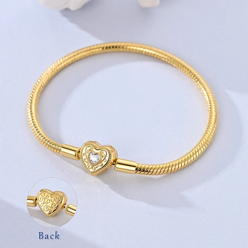 Original Bracelet 925 Sterling Silver Charm Bracelet 17-20CM Golden Heart Love Key Clover Bracelet Bangle Women Jewelry Gift