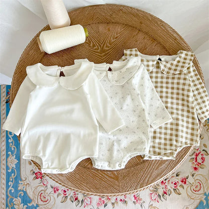 2024 New Spring Children Clothes Toddler Baby Girls Romper Long Sleeved Cotton Lattice Printing Infant Baby Girls Jumpsuit