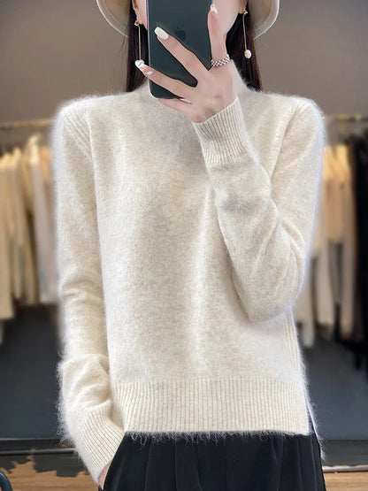 100% Mink Cashmere Sweater Women's Half High Collar Pullover Long Sleeve Cashmere Knitwear Fashion Autumn Winter Female Clothing