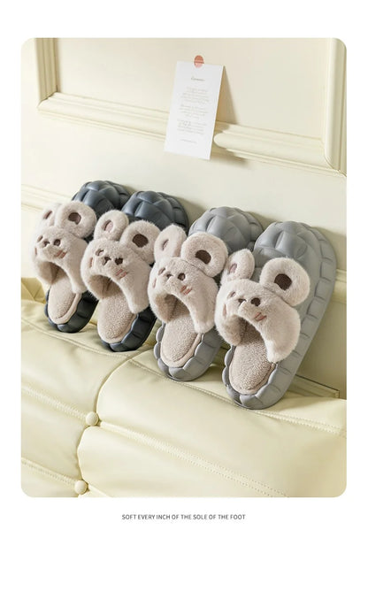 Mo Dou 2022 Winter Warm Women Slippers Waterproof Vamp Cute Rabbit Bear Decoration Indoor Outdoor Shoes Soft Plush Men Slippers