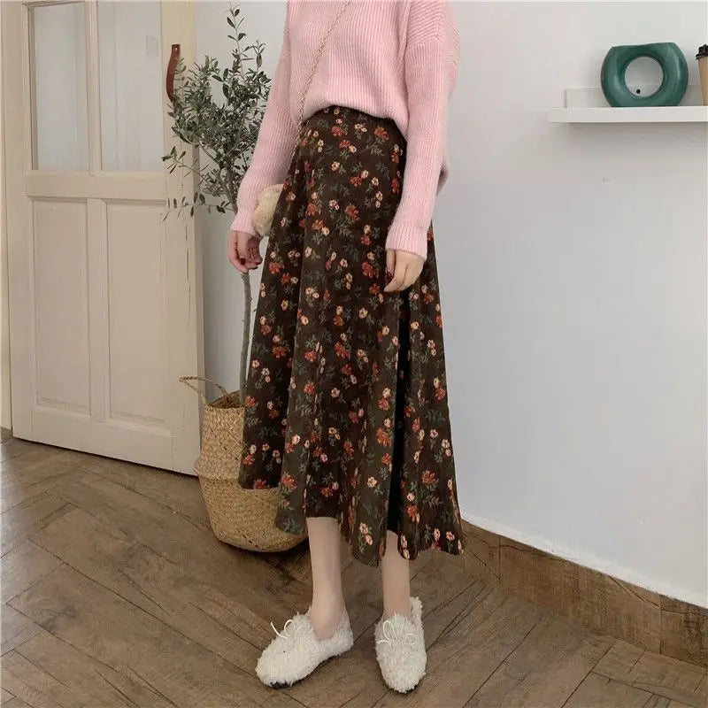 Women Floral Corduroy Midi Skirt High Waist A Line Printed Swing Long Skirt For Spring Autumn