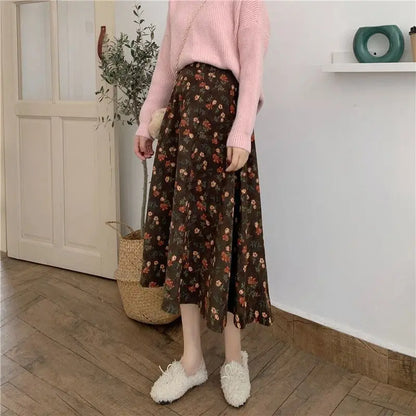 Women Floral Corduroy Midi Skirt High Waist A Line Printed Swing Long Skirt For Spring Autumn
