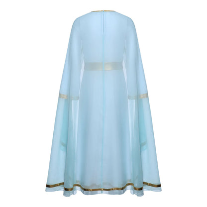 Halloween Virgin Mary Costume for Kids Girls Fancy Greek Princess Cosplay Long Sleeve Ruffle Dress with Chiffon Cape Theme Party