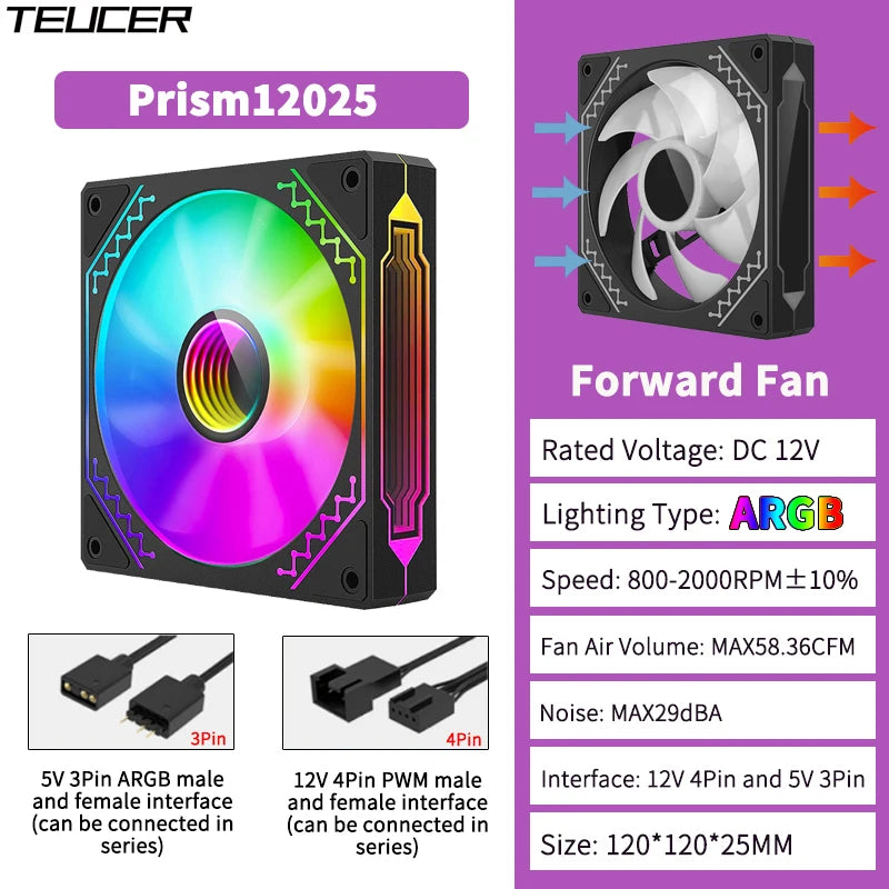 TEUCER 1PCS Prism12025 PC Case Fan 120mm 5V 3Pin ARGB Cyclic Mirror Light Effect PWM 800 to 2000RPM Cooling Fan