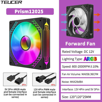 TEUCER 1PCS Prism12025 PC Case Fan 120mm 5V 3Pin ARGB Cyclic Mirror Light Effect PWM 800 to 2000RPM Cooling Fan