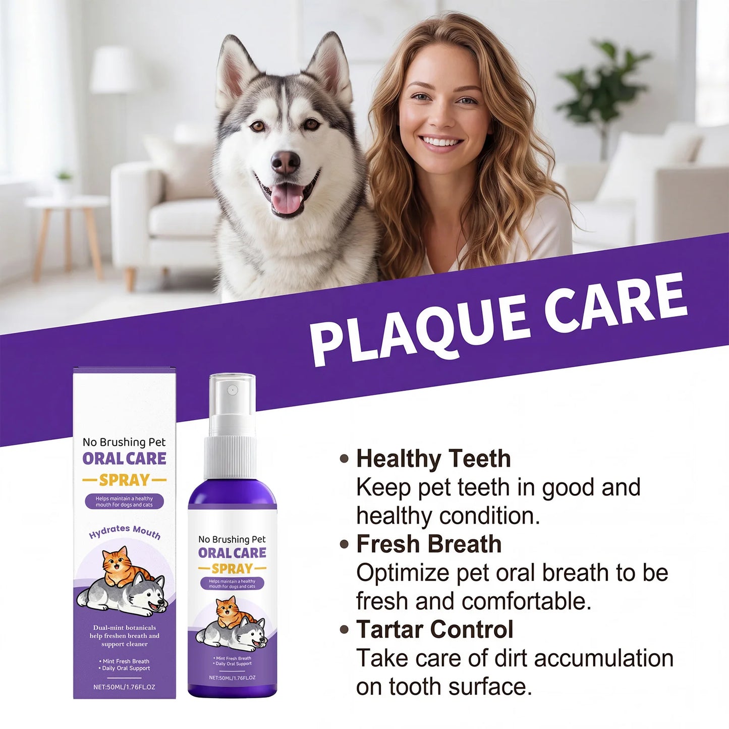 Pet Oral Care Spray Teeth Cleaning Remove Plaque Tartar Eliminate Bad Breath  Dental Dirt Protect Gum Health for Cats Dogs 50ml