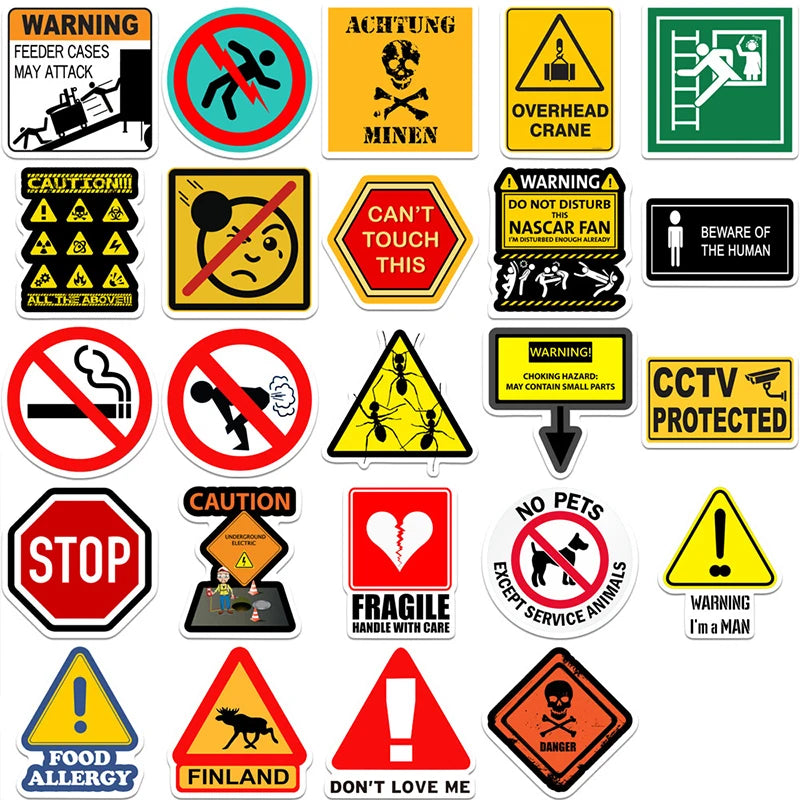 50PCS Funny Warning Sign Stickers Waterproof Vinyl Decals for Laptop Water Bottle,Sign Stickers Decoration Supplies Classic Toys