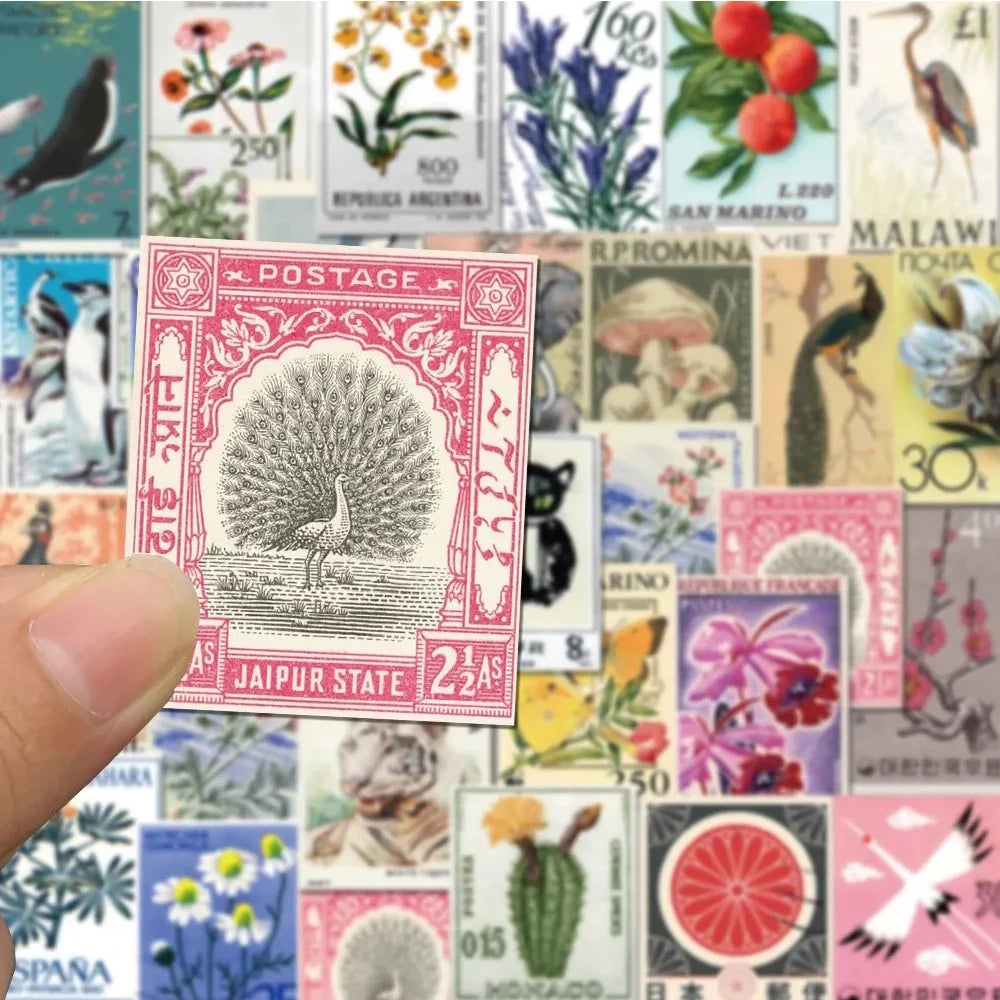 10/30/50pcs Retro Stamp Cartoon Stickers Vintage Postcard Decals DIY Stationery Fridge Suitcase Waterproof Sticker Packs