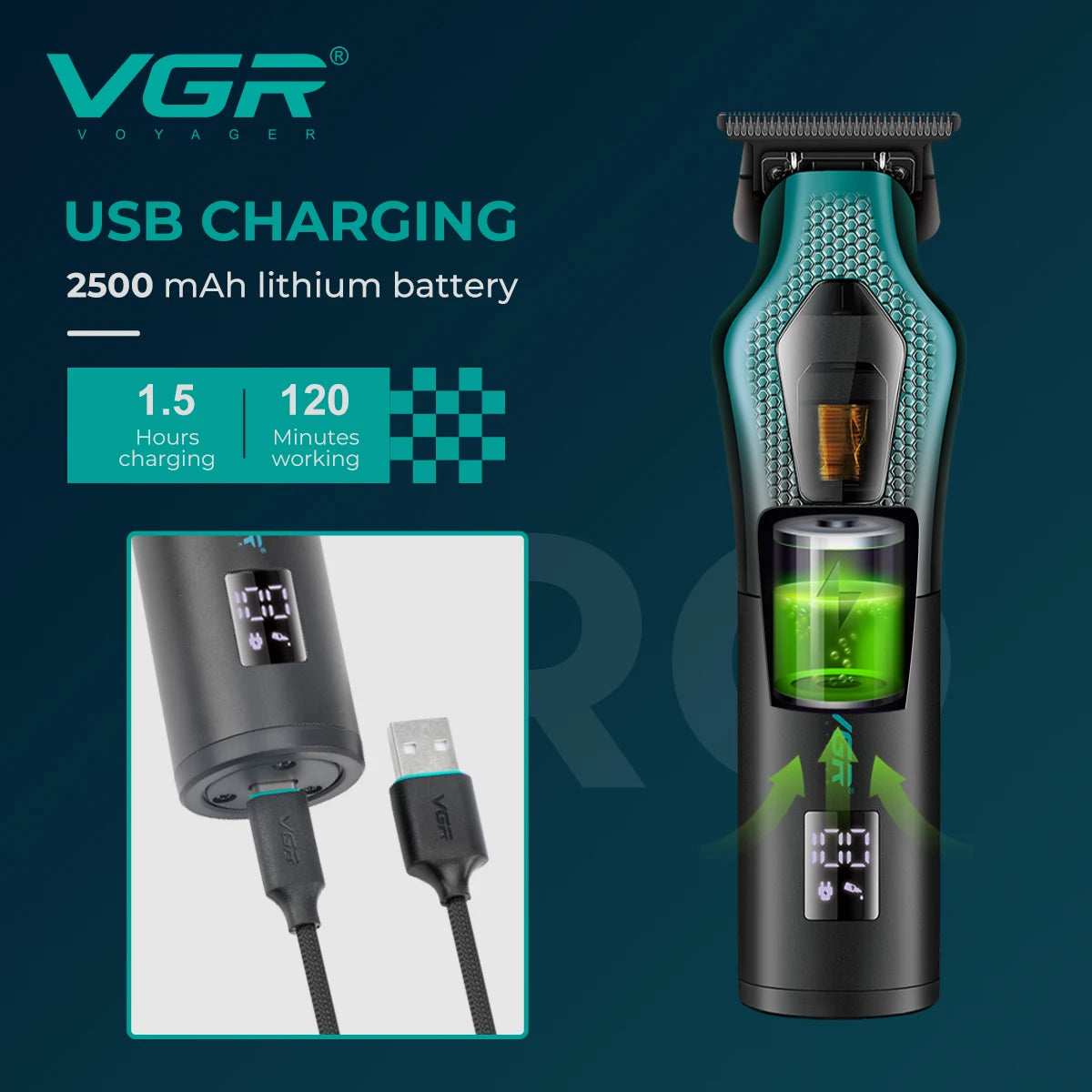 VGR electric hair clipper men's oil head carving electric push gradually changing color metal body 11000 RPM hair clipper V-997
