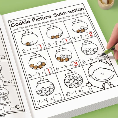 32-Page Interactive Math Learning Workbook with Addition & Subtraction Worksheets, Crossword Puzzles, Colorful Math Activities