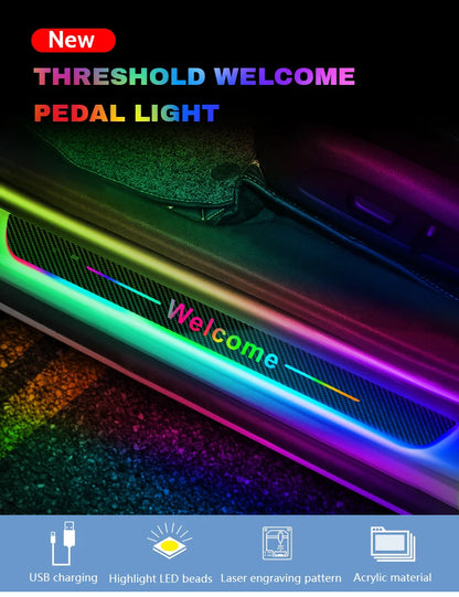 Customized Carbon fiber Car Logo Door Illuminated Sill Light Projector Lamp Power Moving LED Welcome Car Scuff Plate Pedal Light